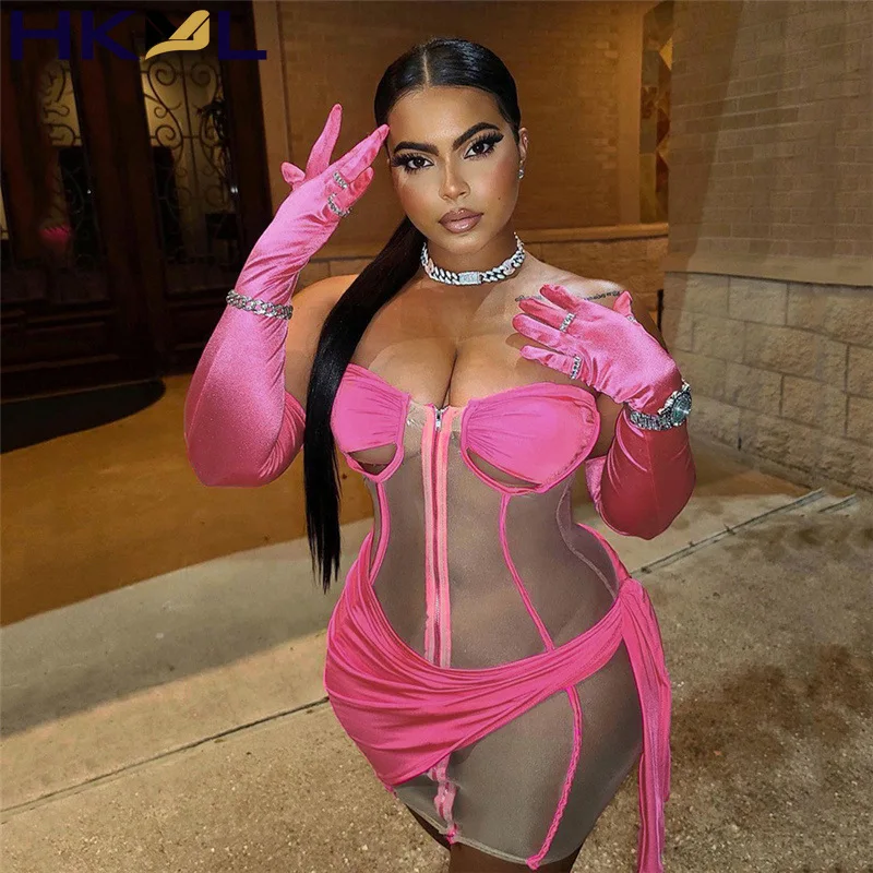 

Women Two Piece Set Wrapped Chest Zipper See Through +Adjustable Skirt Matching Attirewear Bodycon Dress