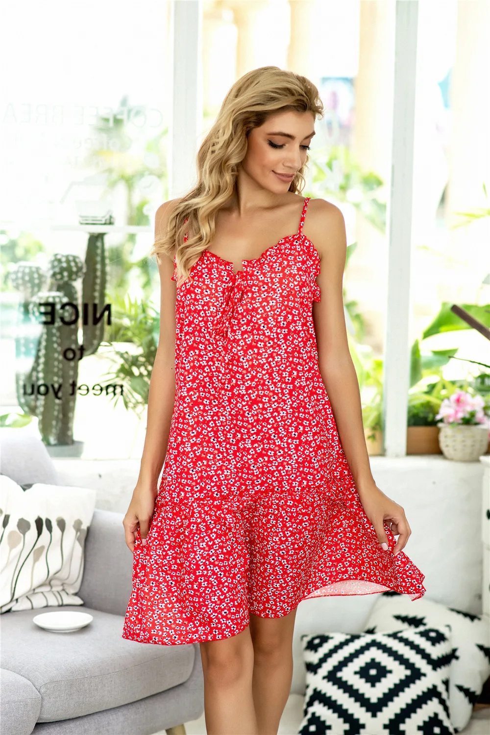 

V-neck ruffle summer dress women's holiday floral print A-line knee-length dress summer sling casual dress