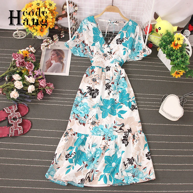 HangCode Бохо цветочный принт красное женское платье короткий расклешенный рукав