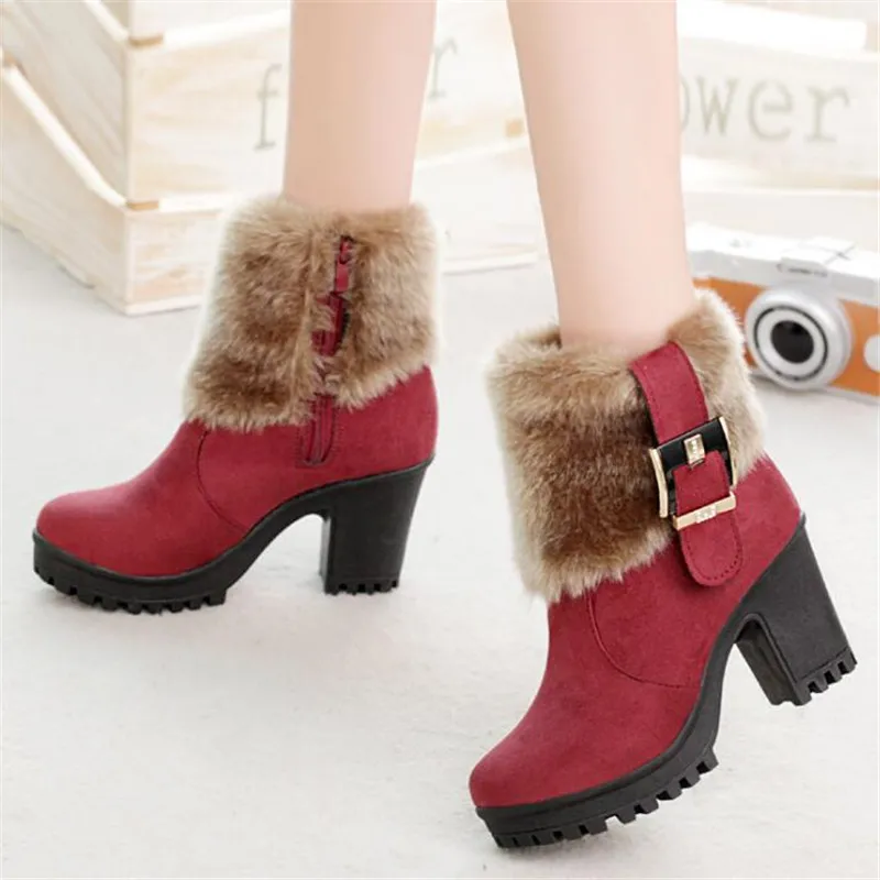 

High heel women's boots 2020 winter round toe women's riding boots fashion side zipper plus velvet warmth platform women's shoes