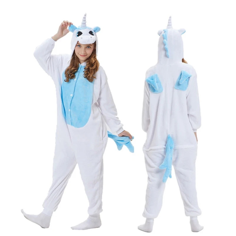 Blue Unicorn Фланелевая Детская Пижама; комплект зимней одежды с капюшоном с изображением единорога, Пикачу, стежка; детские пижамы для мальчиков и девочек; одежда для сна; комбинезоны - Цвет: Blue Unicorn