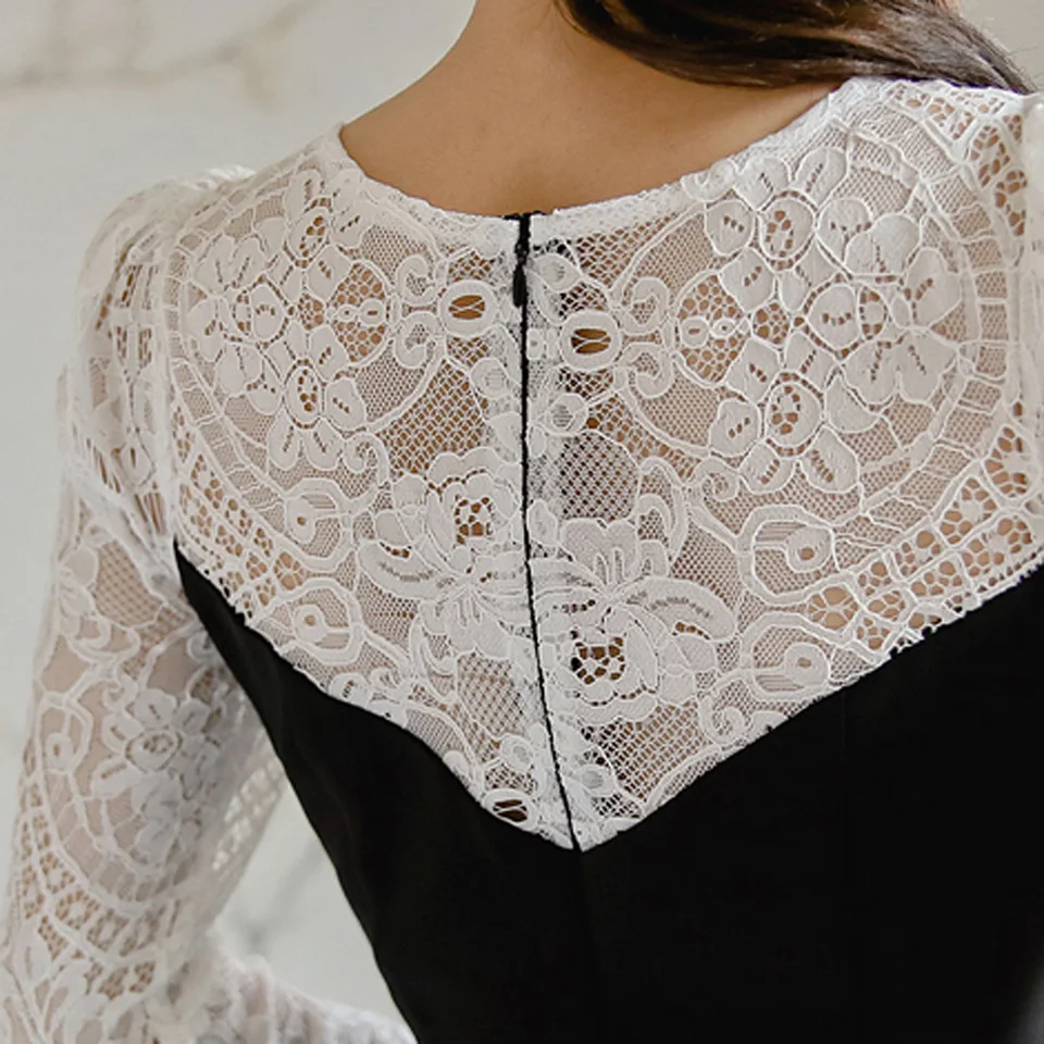 Женское офисное платье с длинным рукавом элегантное черное ажурное V-образным