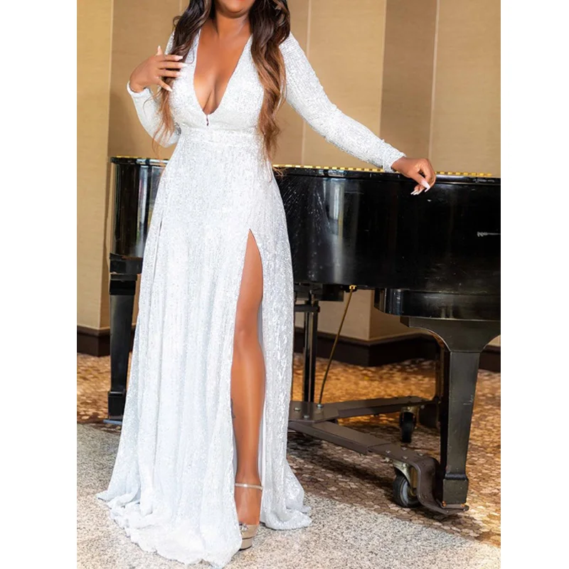 

Elegant Sequined Maxi Dress Deep V Neck Evening Party Wrap Dress Long Sleeved High Slit Sexy Dresses