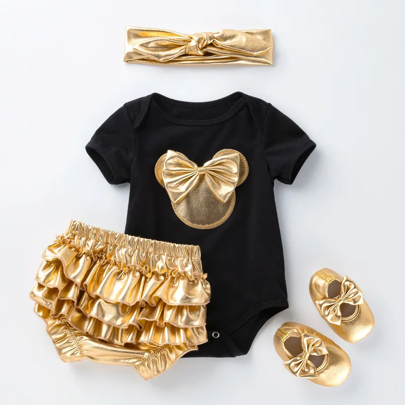 

2021 Summer New Baby Girl Outfit Set Romper Golden Pp Pants Children Kids Fashion Clothes Pants Four-piece Suit XB62