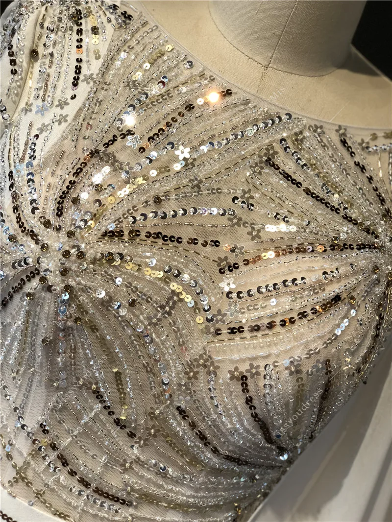 2021 Newest High Quality Customized Ivory Heavy Beadings Long sleeveless O-neck Mermaid Split Floor Length Prom Evening Dresses