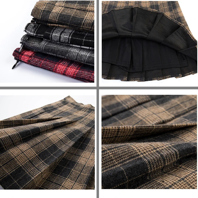 Harajuku Осень Зима Высокая талия Женская юбка Клетчатые Шерстяные плотные