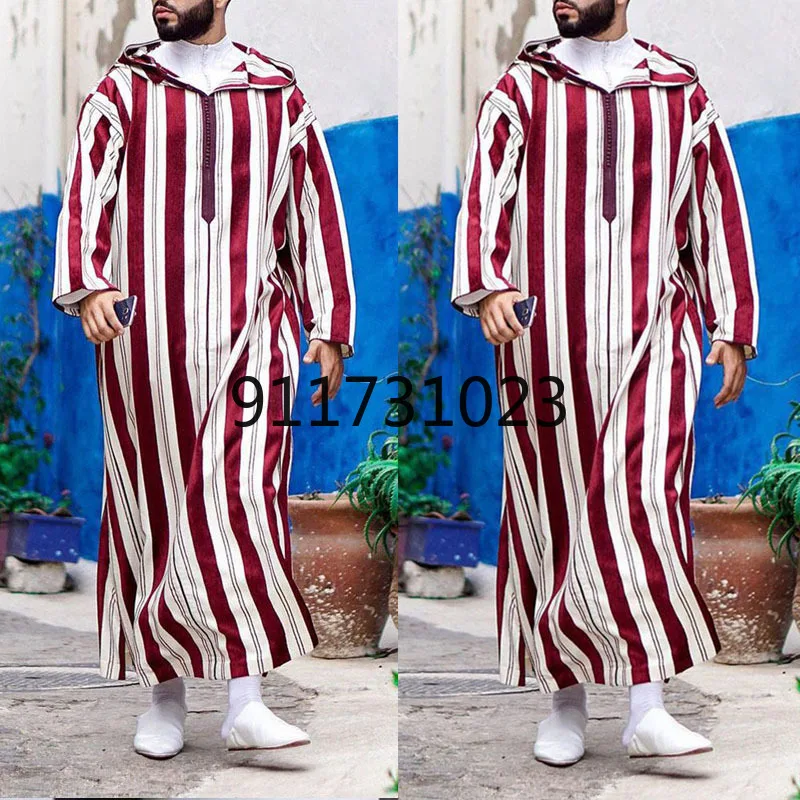 Мусульманское платье с капюшоном Длинное Красное прямое в полоску V-образным