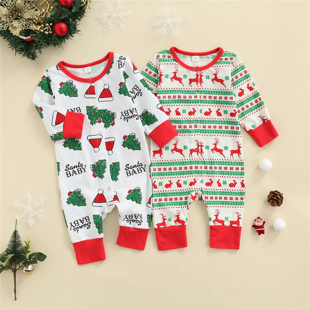

0-18 Months Newborn Baby Girls Boys Christmas Romper Cute Cotton Long Sleeve Round Neck Printed Jumpsuit Fall Winter