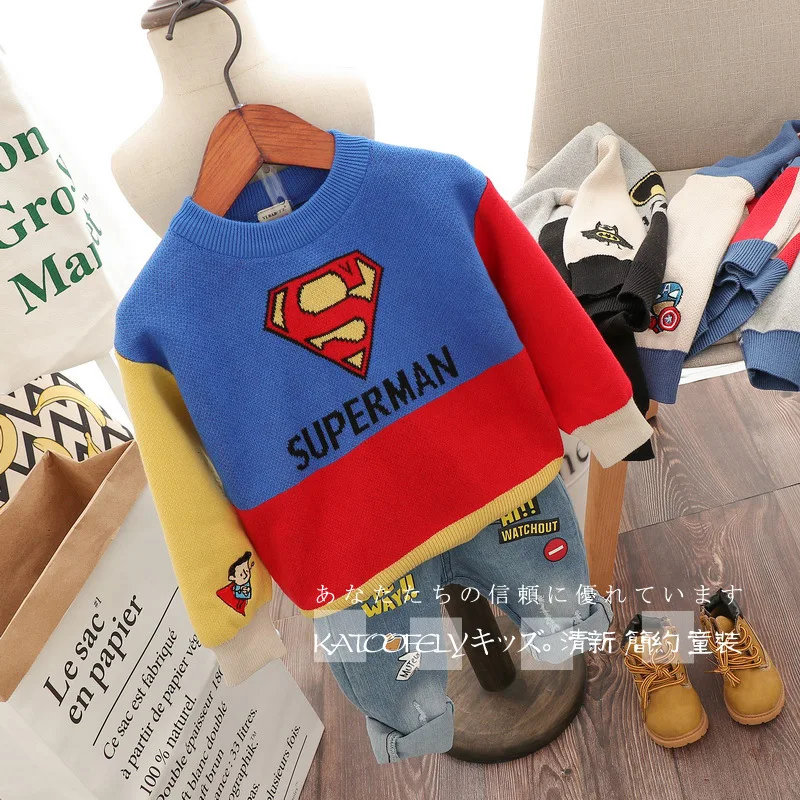 Весенне осенний Хлопковый вязаный детский свитер для мальчика с вышивкой