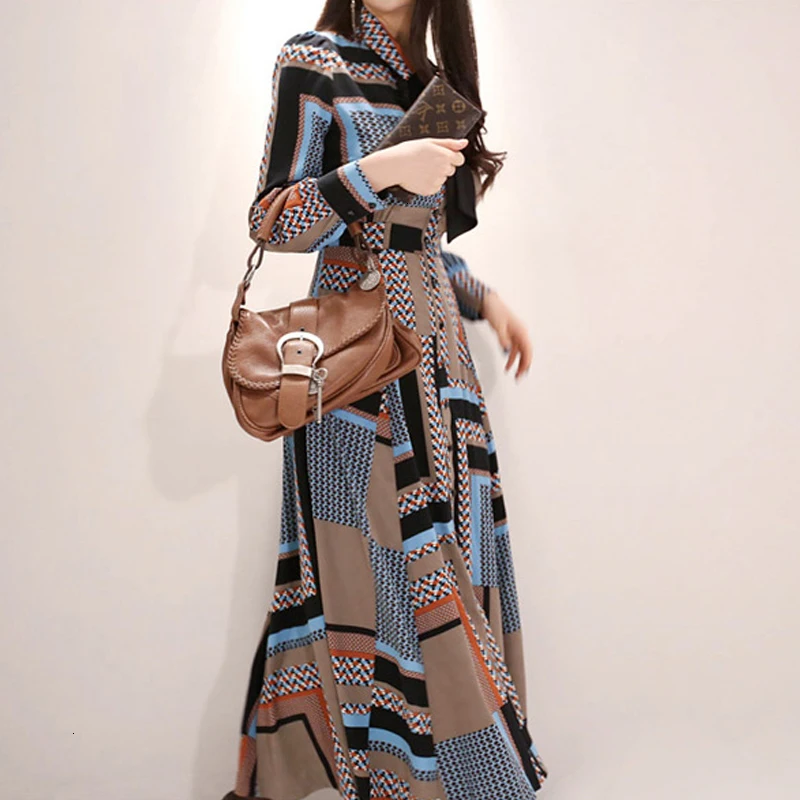 Женское винтажное длинное платье-рубашка элегантное весеннее платье макси с