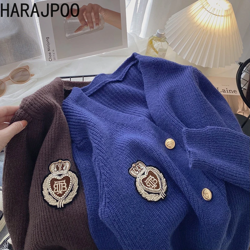 Harajpoo Cardigan Woman Japanese Preppy Style Fall Winter 2021 New Badge Embroidery V Neck Long Sleeve Knit Blue Vintage Sweater |