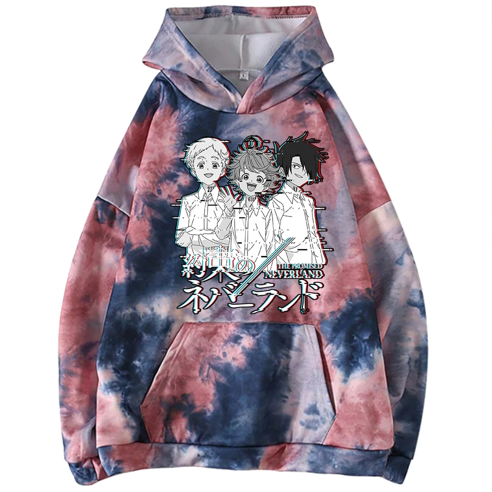 

Tie-dye Anime the Promised Neverland Hoodie Emma. Norman. Ray.Printed Streetswear Women Men Hoodies Male Harajuku