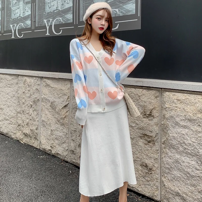 Autumn Winter Women Elegant Love Heart Knitted Cardigan Sweater+High Waist A-Line Skirt 2 Piece Set Loose Knitted Midi Dress Set