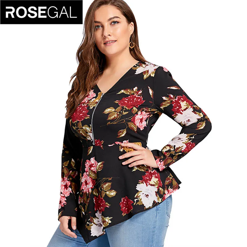 ROSE GAL Plus Size 5XL Zipper Floral Flower Print Blouse Shirt Women Long Sleeve Tunic Peplum Chiffon Tops Autumn Blusas 2019 |