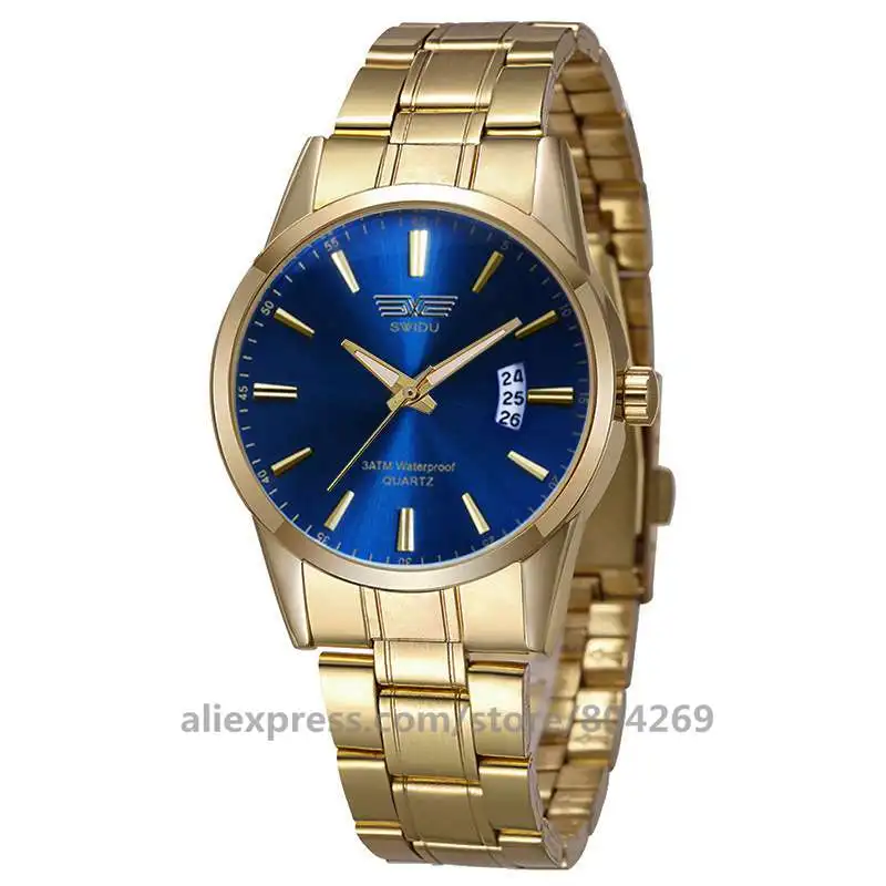gold blue 50 шт./лот SWI-021 SWIDU мужские роскошные Простые Стальные часы с ремешком женские мужские кварцевые часы с календарем стальные мужские повседневные часы - Цвет: gold blue