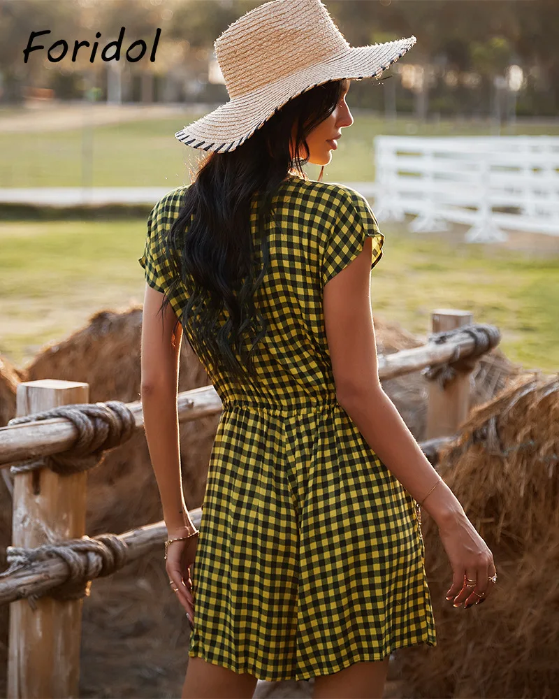 

Oversized Plaid Print Playsuit Romper with Pocket Women Daily Casual Summer Playsuit Romper Short Jumpsuit 2021 Beach Clothing