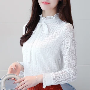 женские элегантное платье с длинным рукавом кружевные блузы Новый 2019 Большие размеры Для женщин одежды, рубашка с белым кружевным бантом топы с вырезом Основные  рубашки S-3XL 608i3