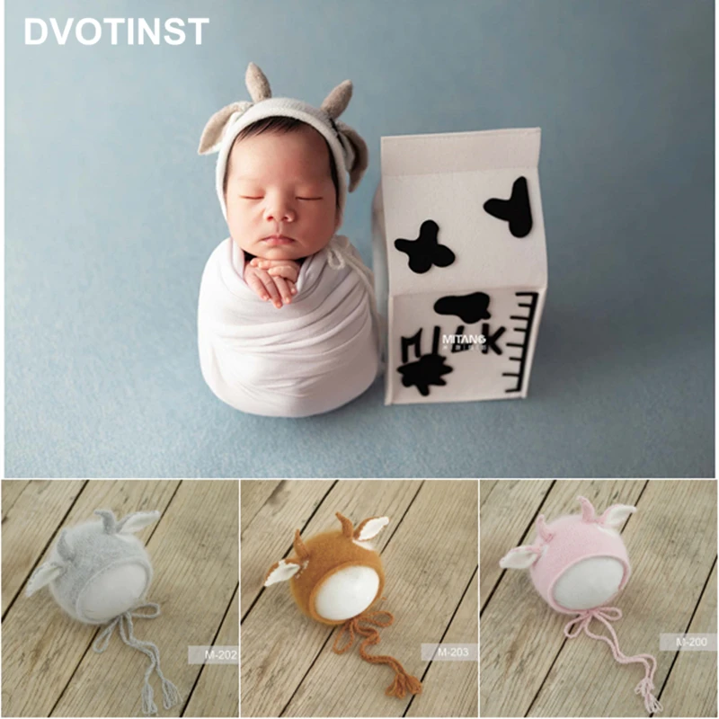 Dvotinst Newborn Photography Props for Baby 2021 Knitted Cute Cow Bonnet Wool Hat Fotografia Accessory Studio Shoot Photo Props
