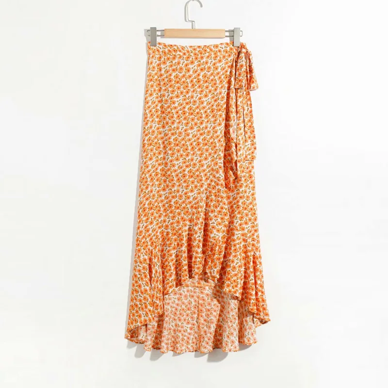 

YNZZU Ruffles High Split Floral Print Irregular Long Skirts Womens 2020 Summer High Waist Ladies Maxi Skirt Women Bottoms AB301