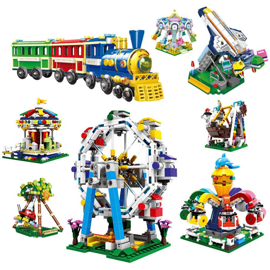 

Creative Amusement Park Rides Mini Sightseeing Train Ferris Wheel Moc Building Block Merry-go-round Pirate Ship Brick Toy Gifts