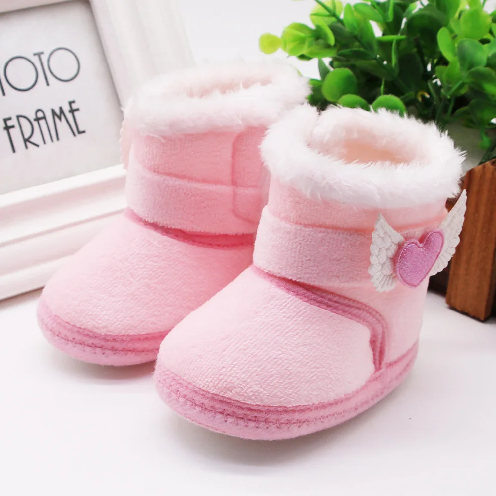 

Newborn Baby Girl Plush Snow Booties Fashion Keep Warm Shoes Non-Slip Sneaker Walking Soft-Soled Breathable Heart Wings