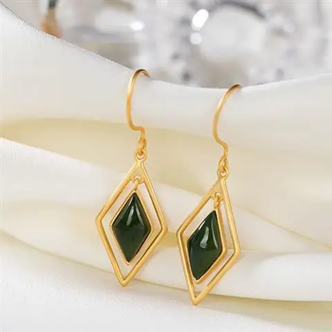 

Original S925 Sterling Silver Gold Inlaid Natural Hetian Jade Court High-End Earrings Personality Geometry Diamond Female Earrin