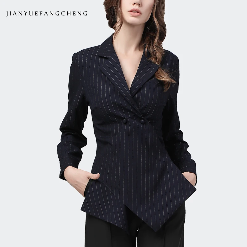 Fashion Suit Collar Blue Striped Shirt Women 2021 Spring New Long Sleeve Irregular Elegant Slim Office Ladies Tops And Blouses