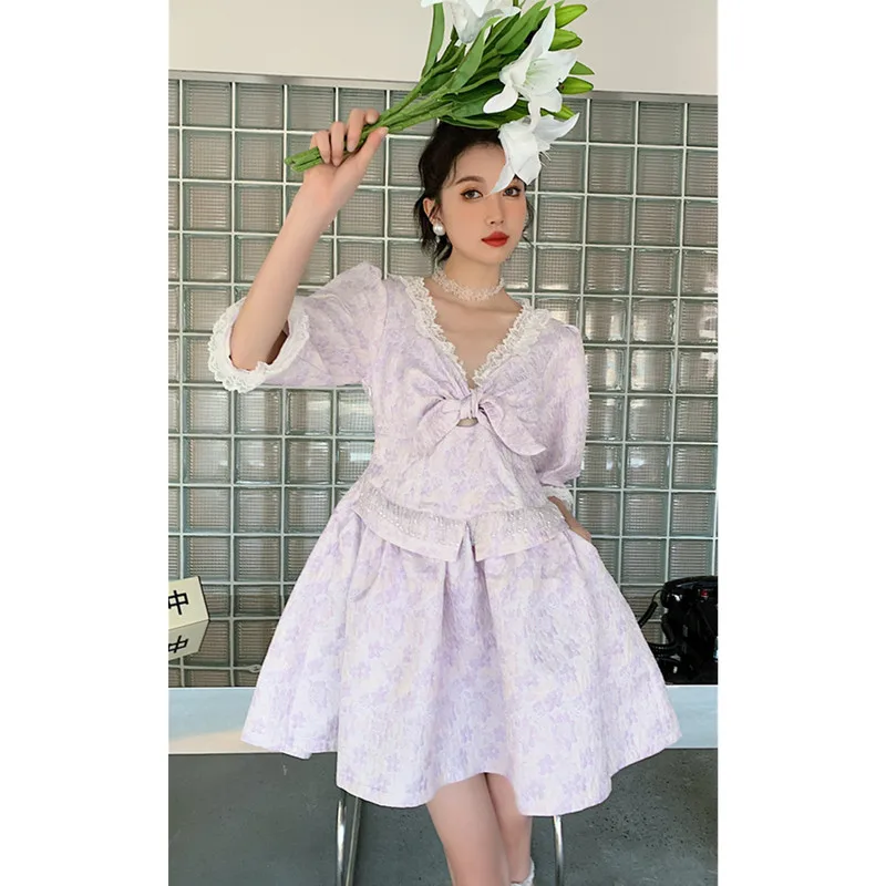 

2021 Summer Fashion Design Sense V-Neck Bowknot Puff Sleeve Dress Women