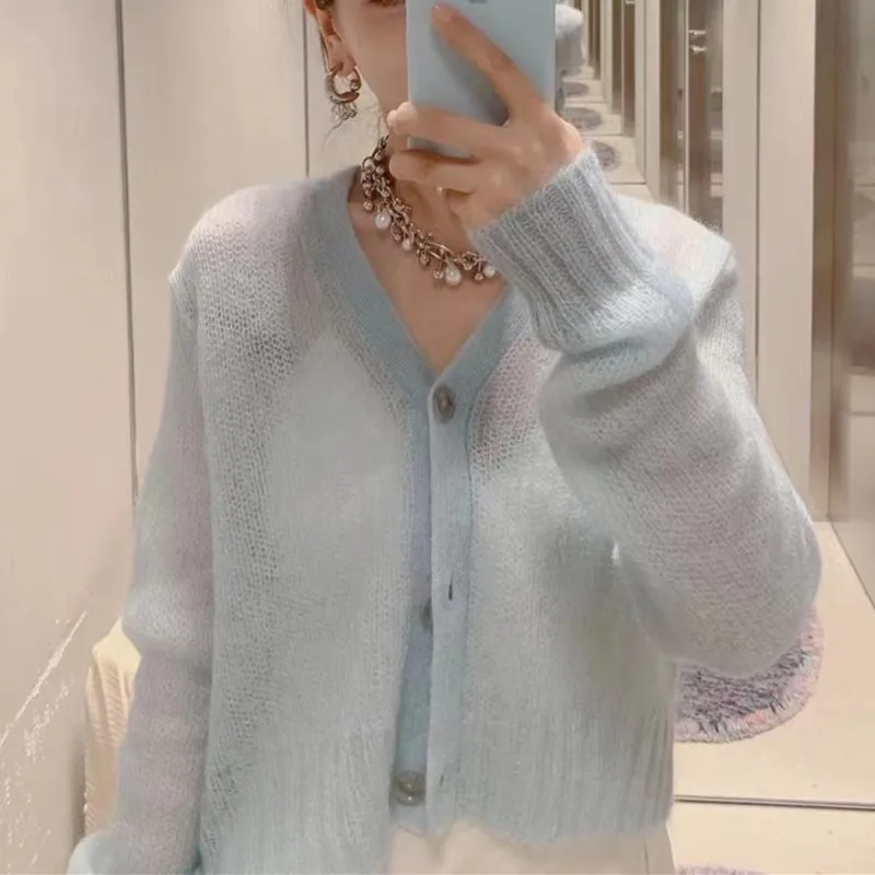 

Women's Thin See-Through Sweater V-Neck Long Sleeve Single Breasted Simple Short Knitted Cardigans Early Autumn