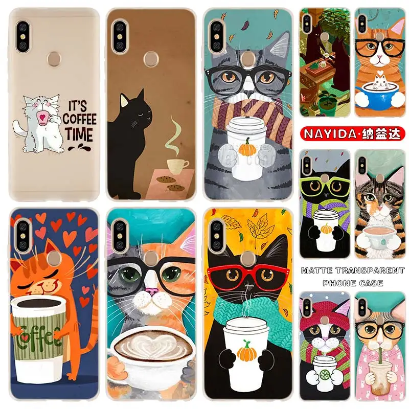 

Soft Silicone Case For Xiaomi Redmi Note 11 10 9 8 7 Pro Max 10s 9s 8t 4G 5Gr Cat and coffee