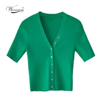 single breasted v neck knitwear with button women retro summer short sleeve knit cardigan thin top b 127