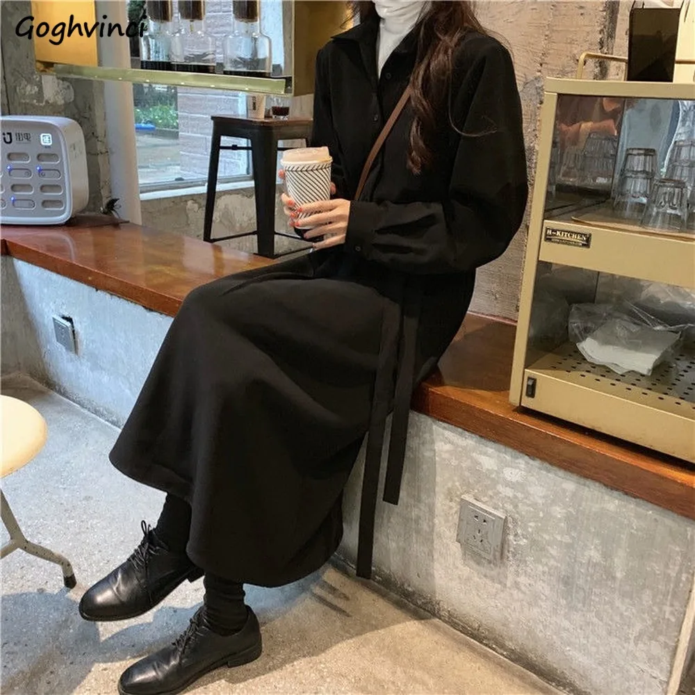 

Womens Dress Loose New Autumn Retro Turn Down Collar Sashes High Waist Elegant A-Line French Style Romantic Lady Casual Vestidos