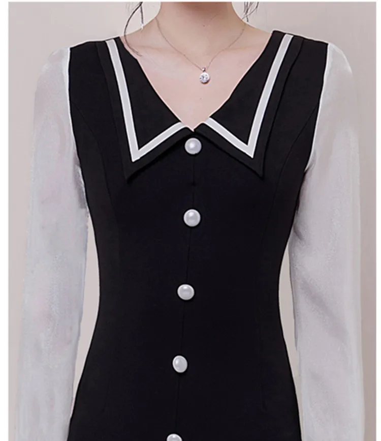 Женское винтажное облегающее платье в морском стиле черное с v-образным вырезом