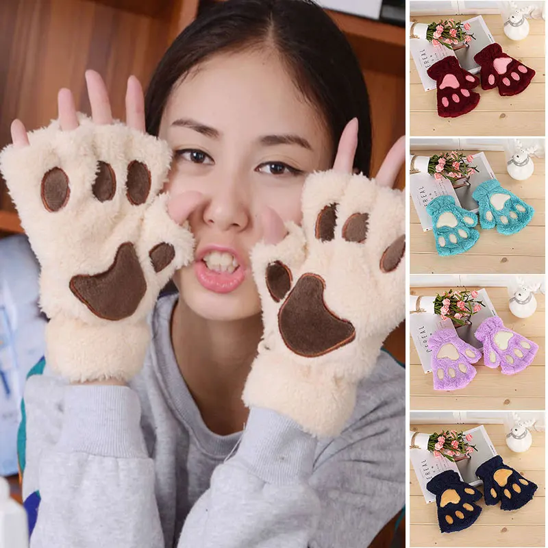 

Варежки Женские Зимние Cute Cat Kitten Claw Bear Paw Fingerless Faux Fur Plush Gloves For Girls Women Winter Gloves Women