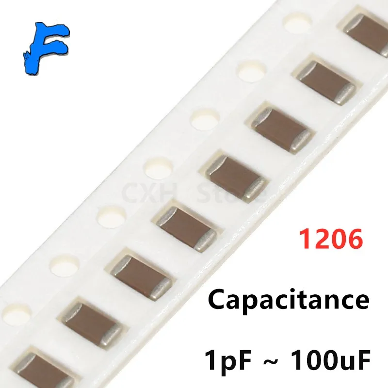 100 шт. 1206 SMD 1PF 100UF X7R ошибка 5% 10pF 100pF 470pF 100nF 220nF 1 мкФ 10 47 2 22 слойный керамический