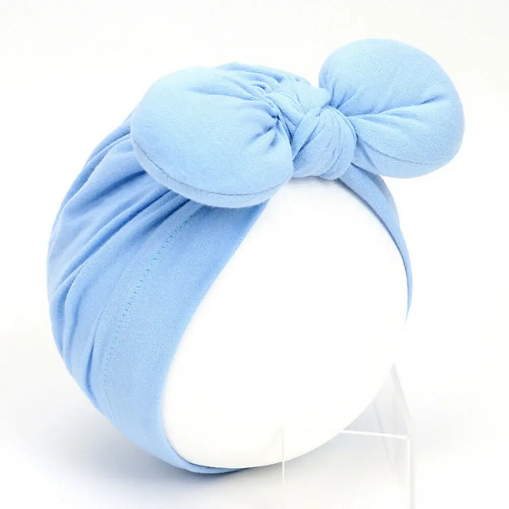 Sky blue Newborn Toddler Baby Girls Turban Soft Silk Beanie Big Bow Hat Cap Wrap Headwear Headband Hats Accessories Candy Color Cute - Color: Sky blue