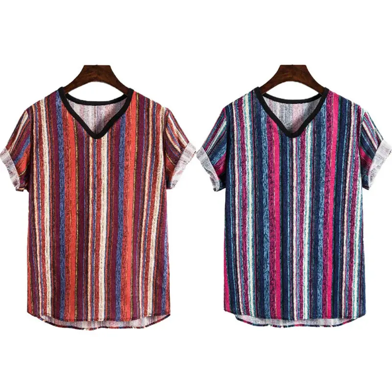 

Mens V-Neck Short Sleeve Casual Striped Tops Summer Beach Holiday Loose T-Shirt