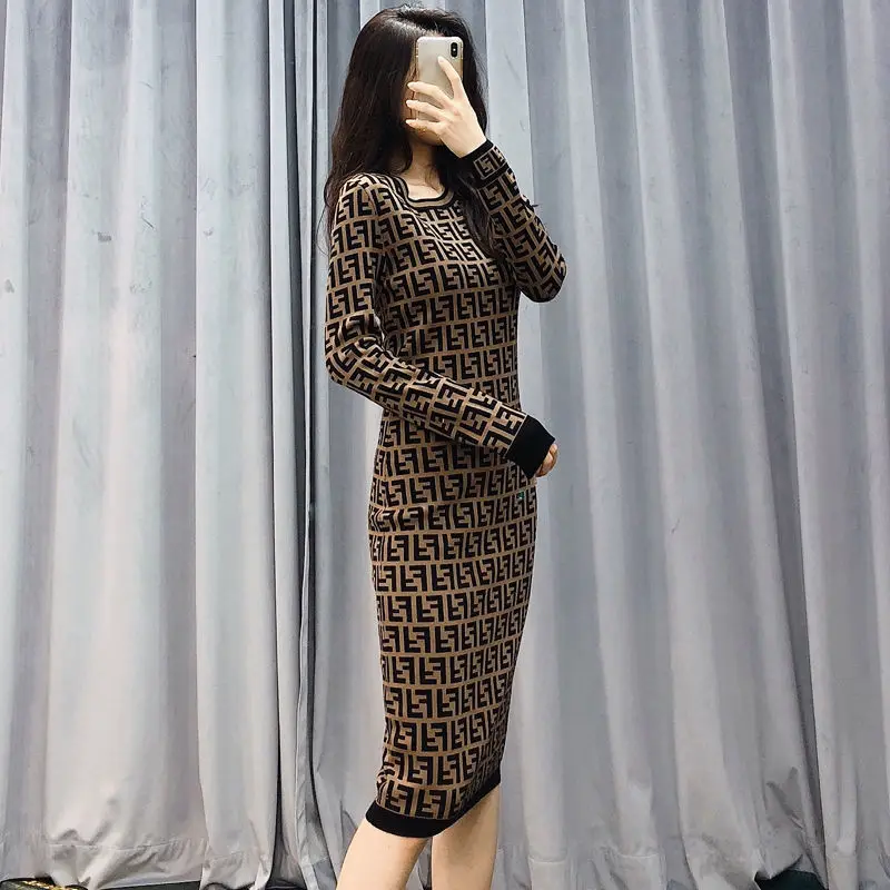

Cotton Plus Size Dress Women's Long-Sleeved Spring 2021 New Round Neckline Age Slimming Temperament Mid-Length Skirt