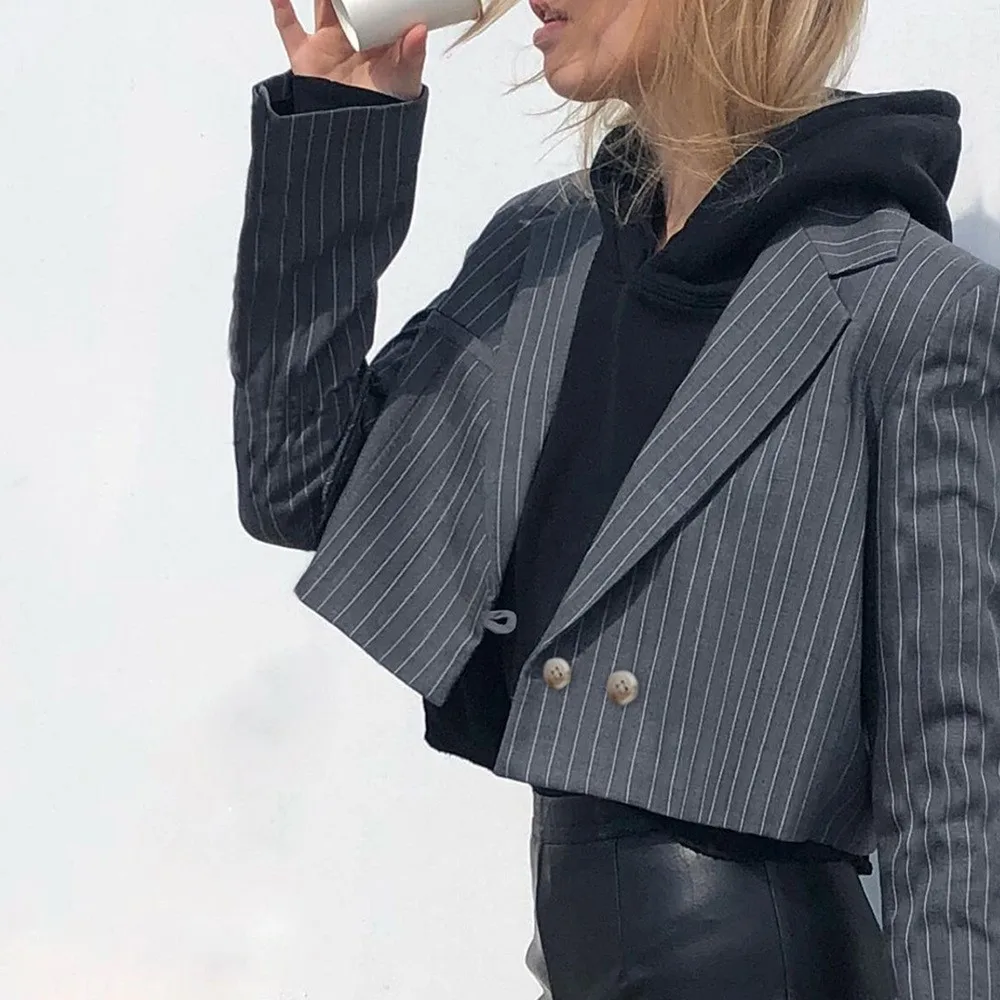2019 осенние полосатые укороченные костюмы женские уличные повседневные блейзеры
