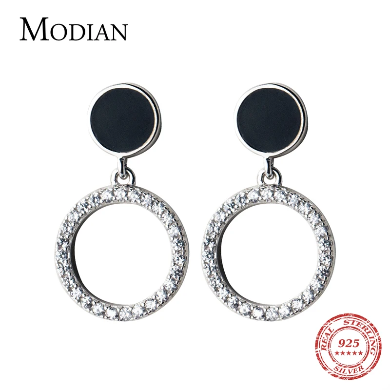 Modian черной эмалью круглая капля серьга для женщин 925 стерлингового серебра