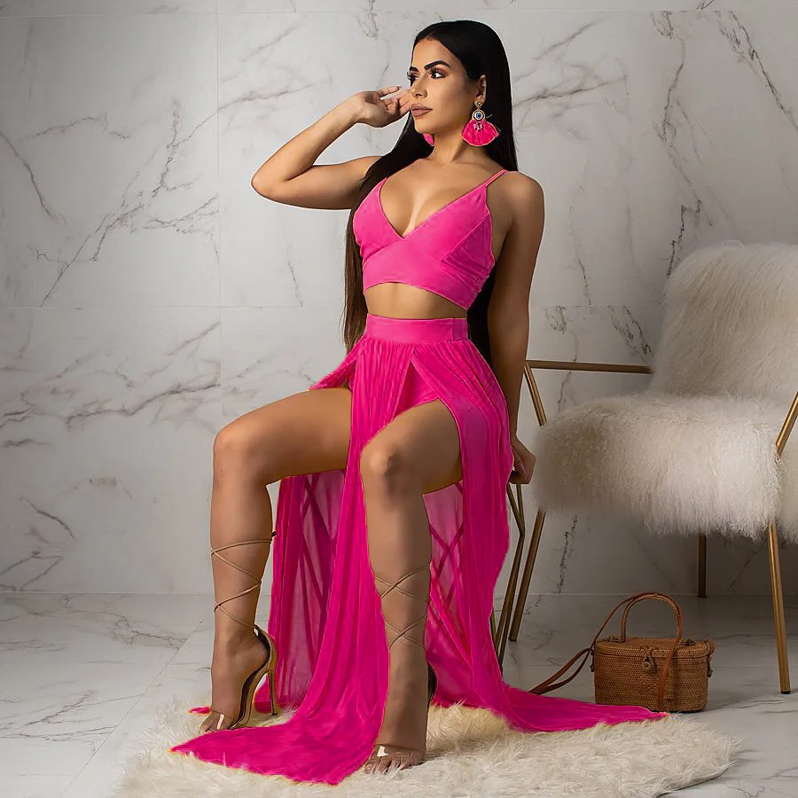 

Women Summer Dress Beach Sexy Deep Vest Tops Long Skirt Crop Two Piece Set Club Party Wear Beach Sunsuit Plus Size