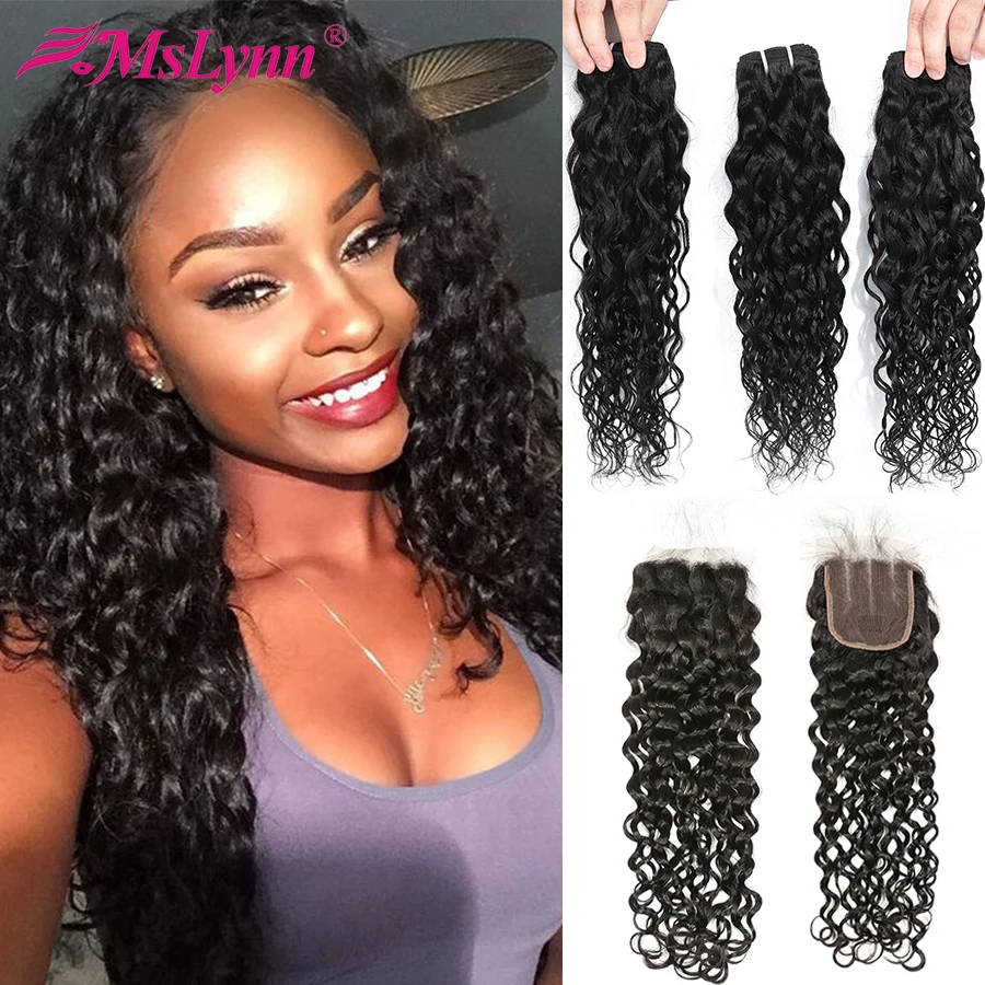 Mslyn малазийские волнистые пучки с закрытием человеческих волос Remy наращивание