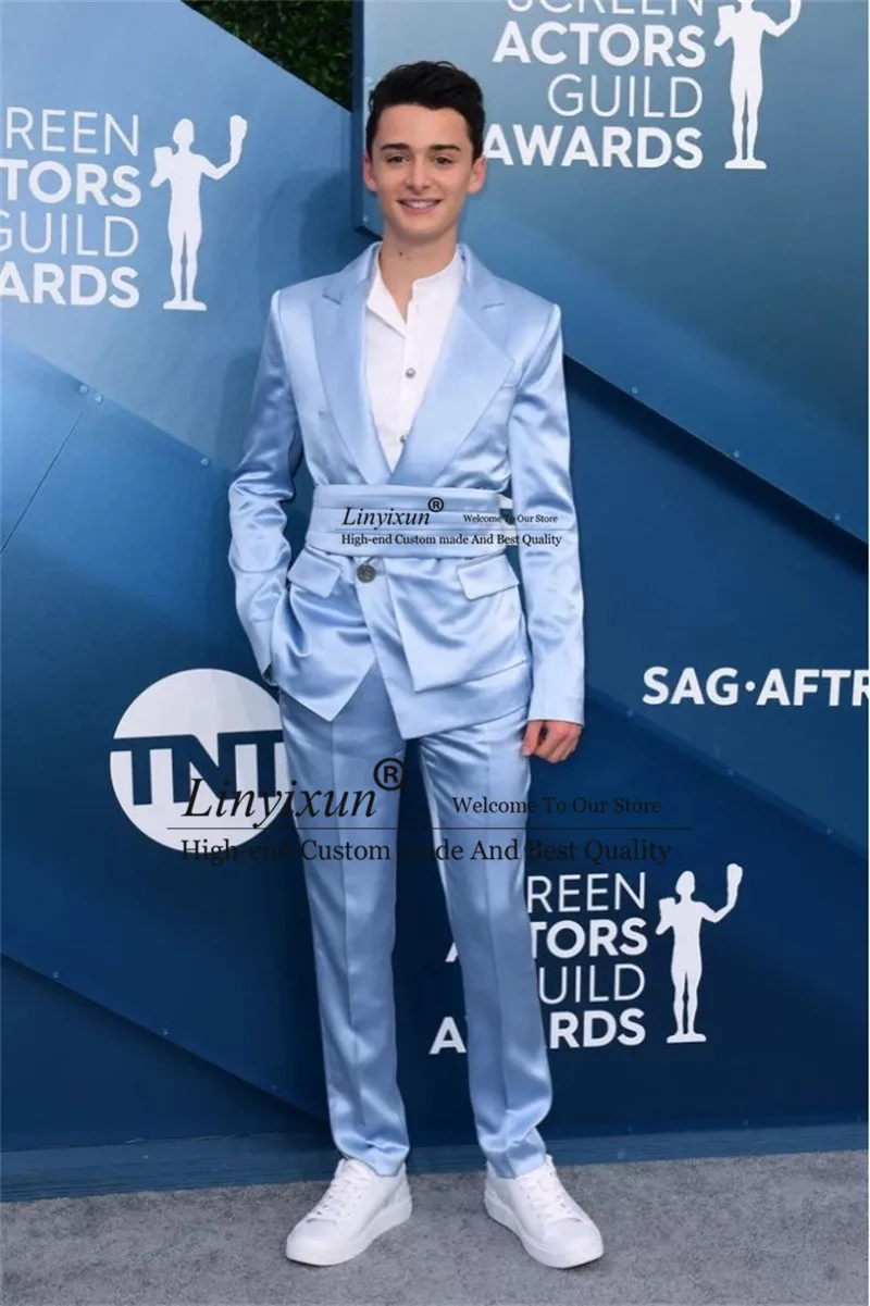 

2-Piece Men Slim Fit Suit Silk Satin Wedding Tuxedos Light Blue Party Wear Fashion Business Best Man Peaked Lapel Blazer Suit