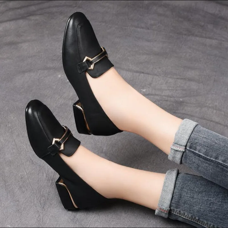 Genuine Leather Female Loafers Slip On Square Toe Flats for Women Black White Casual Shoes Spring Lady Flats