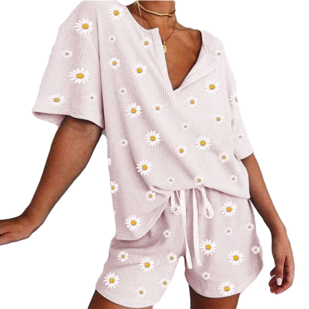 

Пижама женская в простом стиле, с коротким рукавом, свободным воротником и принтом маргариток, для лета и осени