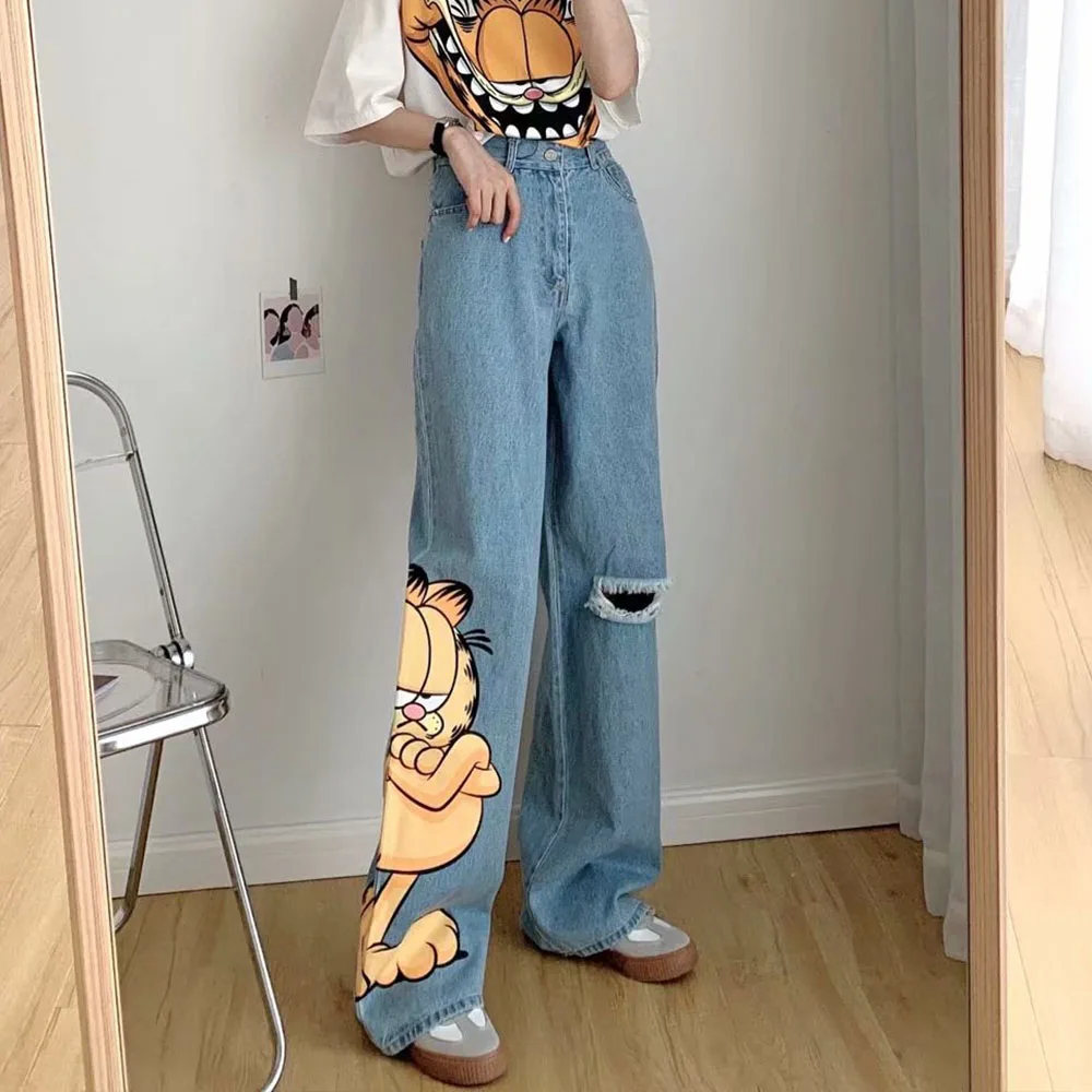 

DiYiG WOMAN Spring new women's retro cartoon Garfield loose jeans hole design straight pants