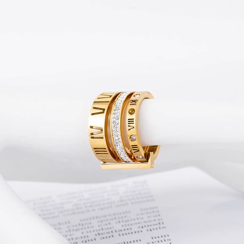 

Luxury Women Rings Trendy Stainless Steel Finger Jewelry Roman Numerals Trinity Zircon Ring For Party Wedding Decor