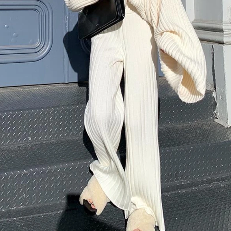 

Брюки-свитер женские трикотажные, Осенние, теплые, широкие, свободные, с высокой талией, 2021