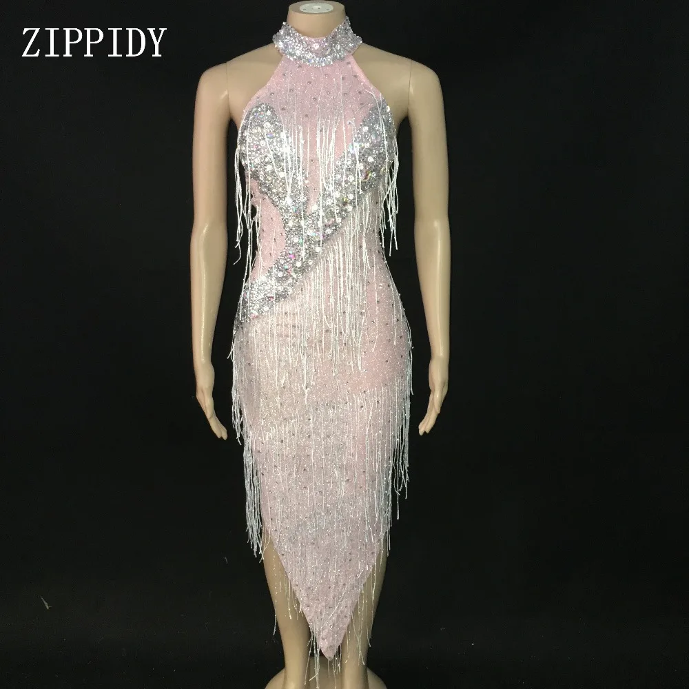 

Shining Design Tassel Pink Latin Dress Evening Birthday Prom Celebrate Rhinestones Dance Dress Bar Evening Women Fringes Dress