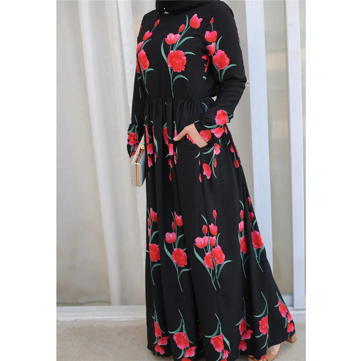 Islamic Clothing Women Printed Flowers Nature Waist Clothes Arabic Dresses Abaya Women'S Turkey Muslim Woman Long Tunic Cm155